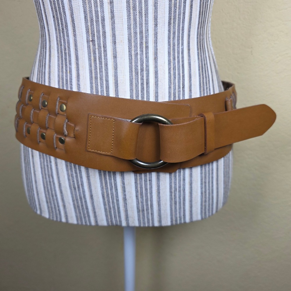 vntg Vignon Tan Woven Leather Wide Waist boho Belt Studded O-Ring Buckle Small